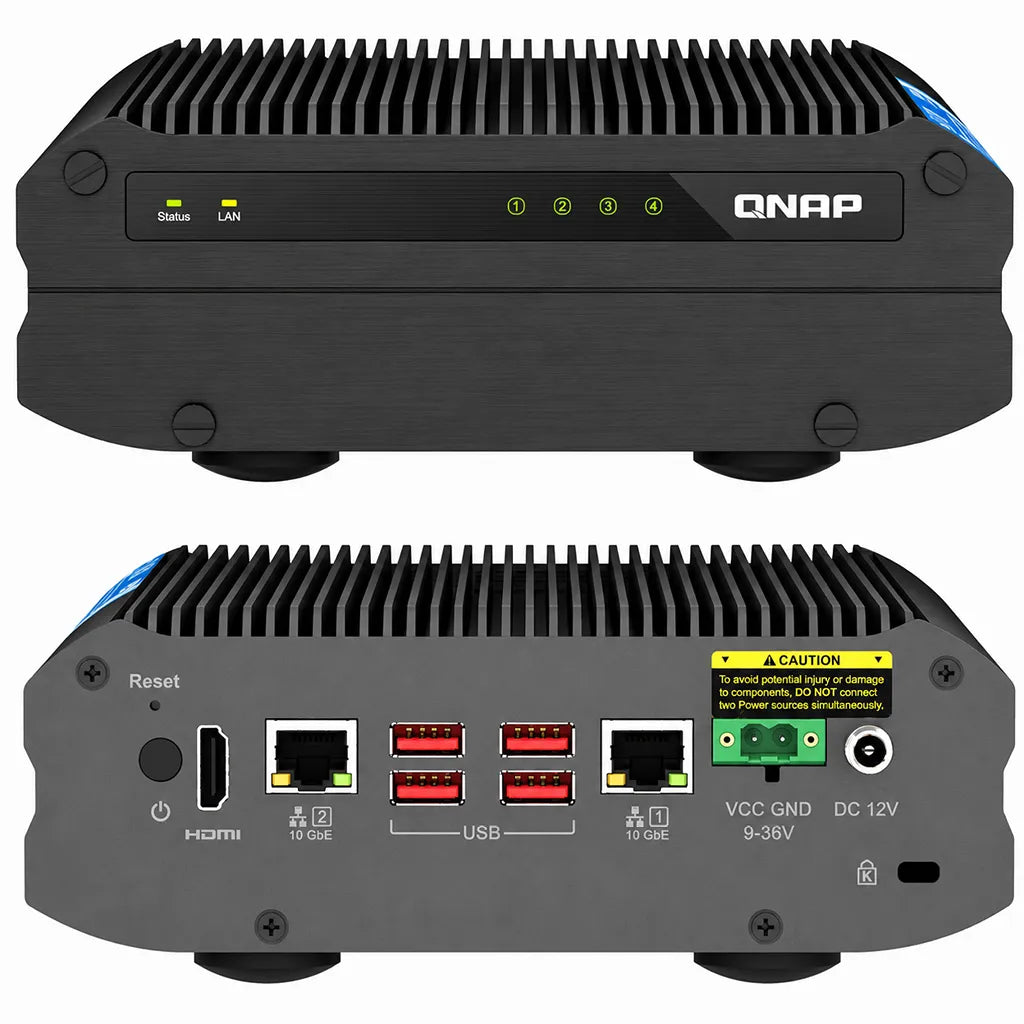 QNAP TS-i410X-8G industrial NAS front and rear view highlighting 10GbE ports, USB, HDMI, and DC power input -tpstech.in
