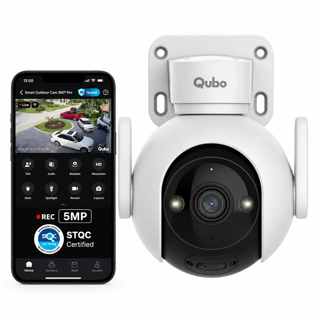 Qubo HCP11 5MP Wi-Fi Smart Outdoor Security Camera with AI Guard smartphone app interface and STQC certification -tpstech.in