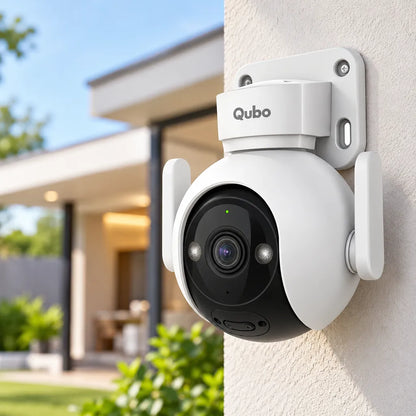 Qubo HCP11 5MP Wi-Fi Smart Outdoor Security Camera with AI Guard installed on house exterior wall -tpstech.in