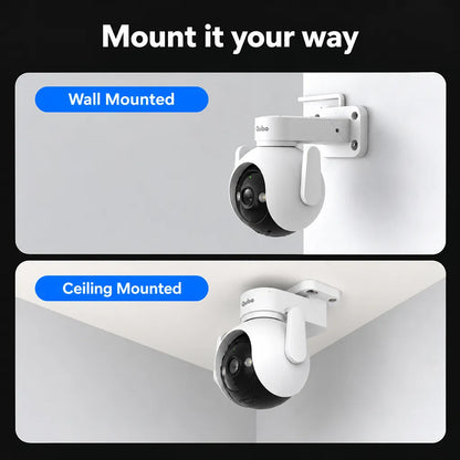 Qubo HCP11 5MP Wi-Fi Smart Outdoor Security Camera with AI Guard showing wall mounted and ceiling mounted installation options -tpstech.in