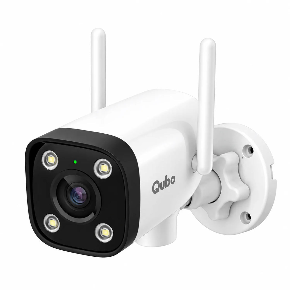 Qubo Smart Bullet Cam Pro 180 4MP Outdoor Security Camera Side Profile with Antennas and Wall Mount -tpstech.in