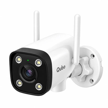 Qubo Smart Bullet Cam Pro 180 4MP Outdoor Security Camera Side Profile with Antennas and Wall Mount -tpstech.in