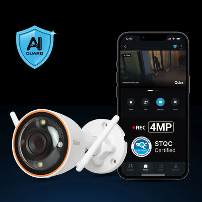 Qubo Smart Bullet Cam Pro 4MP Outdoor Security Camera with AI Guard and Mobile App View -tpstech.in