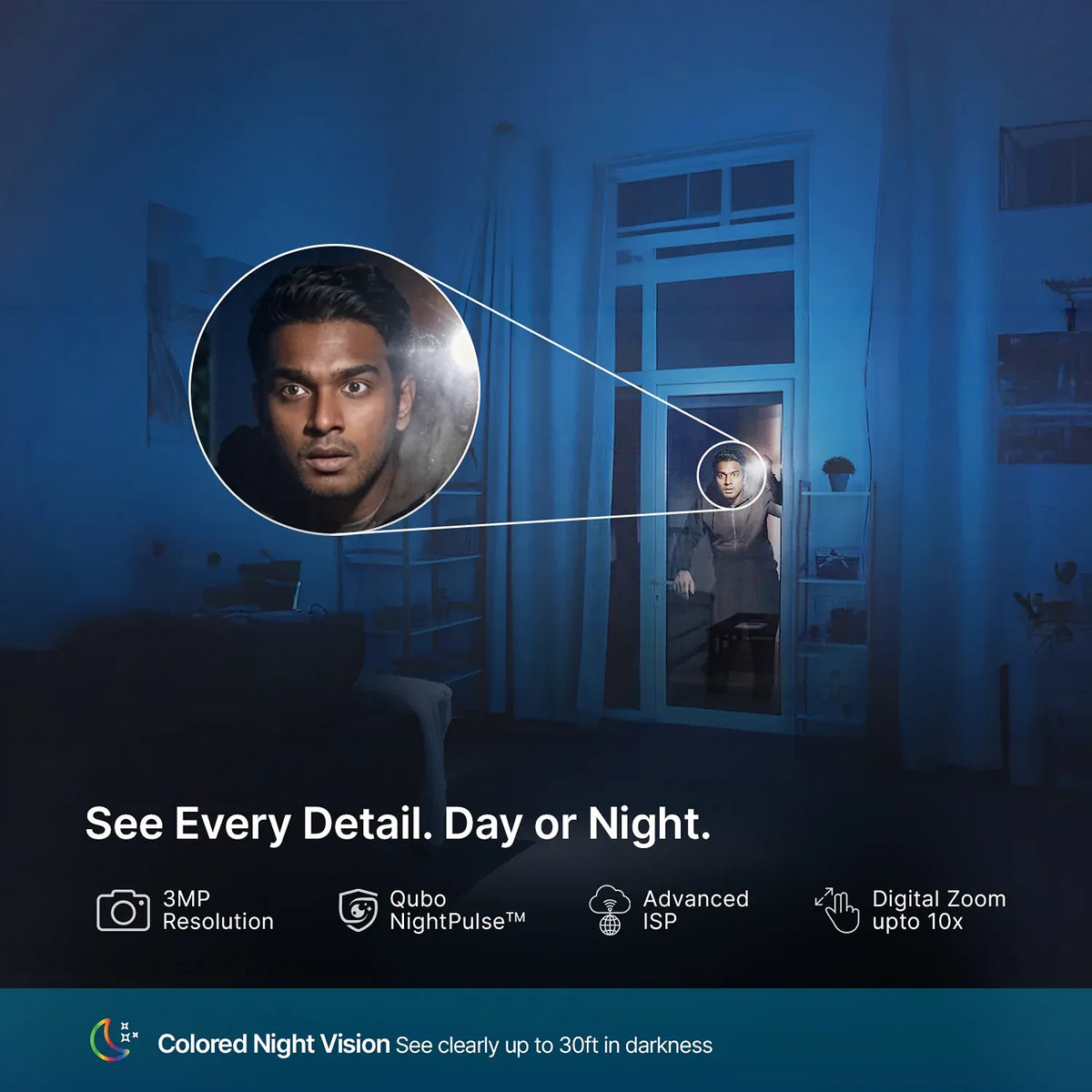 Qubo Smart Camera 360° 3MP Wi-Fi Indoor Security Camera Colored Night Vision Demonstration -tpstech.in
