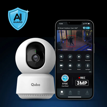 Qubo Smart Camera 360° 3MP Wi-Fi Indoor Security Camera with Mobile App Monitoring and AI Guard -tpstech.in