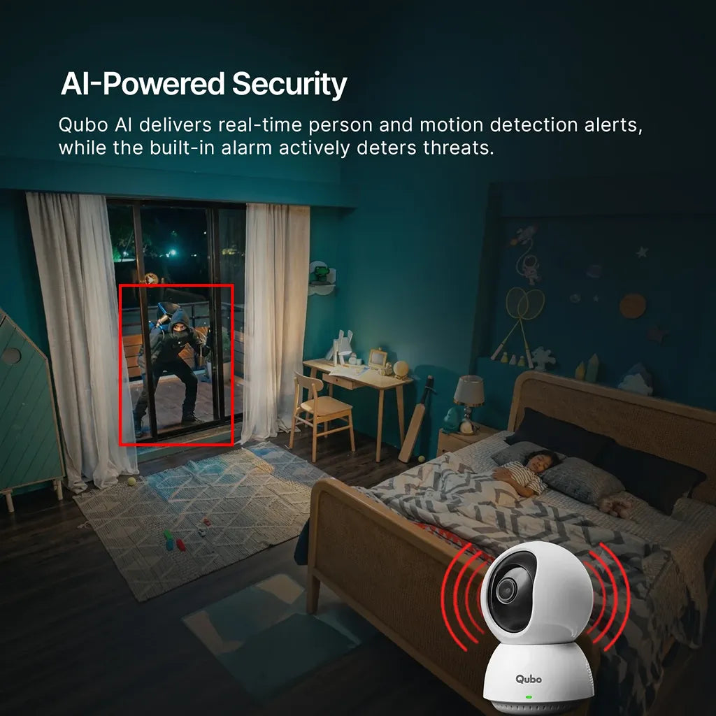 Qubo Smart Camera 360 Pro 4MP indoor security camera with AI person motion detection and built-in intruder alarm-tpstech.in