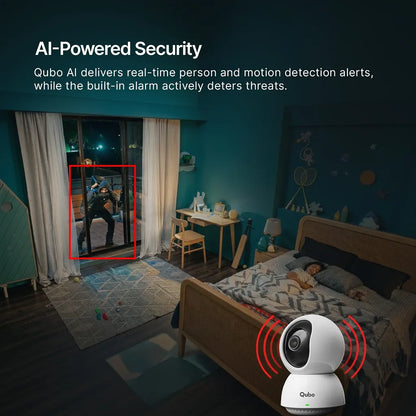 Qubo Smart Camera 360 Pro 4MP indoor security camera with AI person motion detection and built-in intruder alarm-tpstech.in