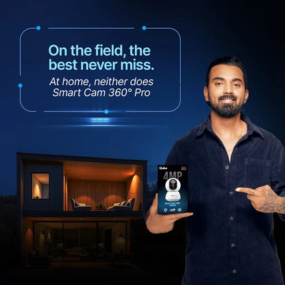 Qubo Smart Camera 360 Pro 4MP indoor security camera retail packaging box held by brand ambassador KL Rahul-tpstech.in