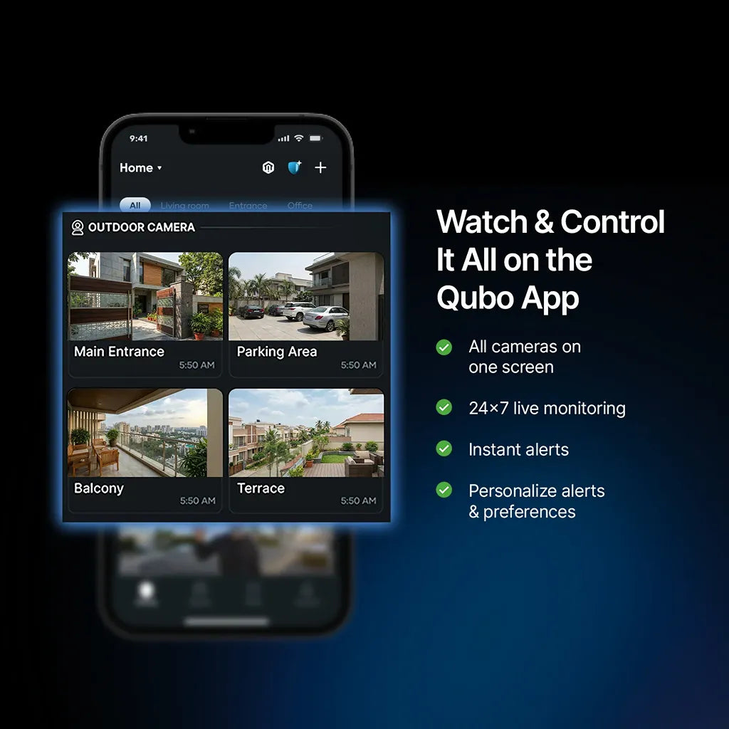 Qubo App smartphone interface displaying multi-screen 24x7 live view for Qubo Smart Camera 360 Pro-tpstech.in