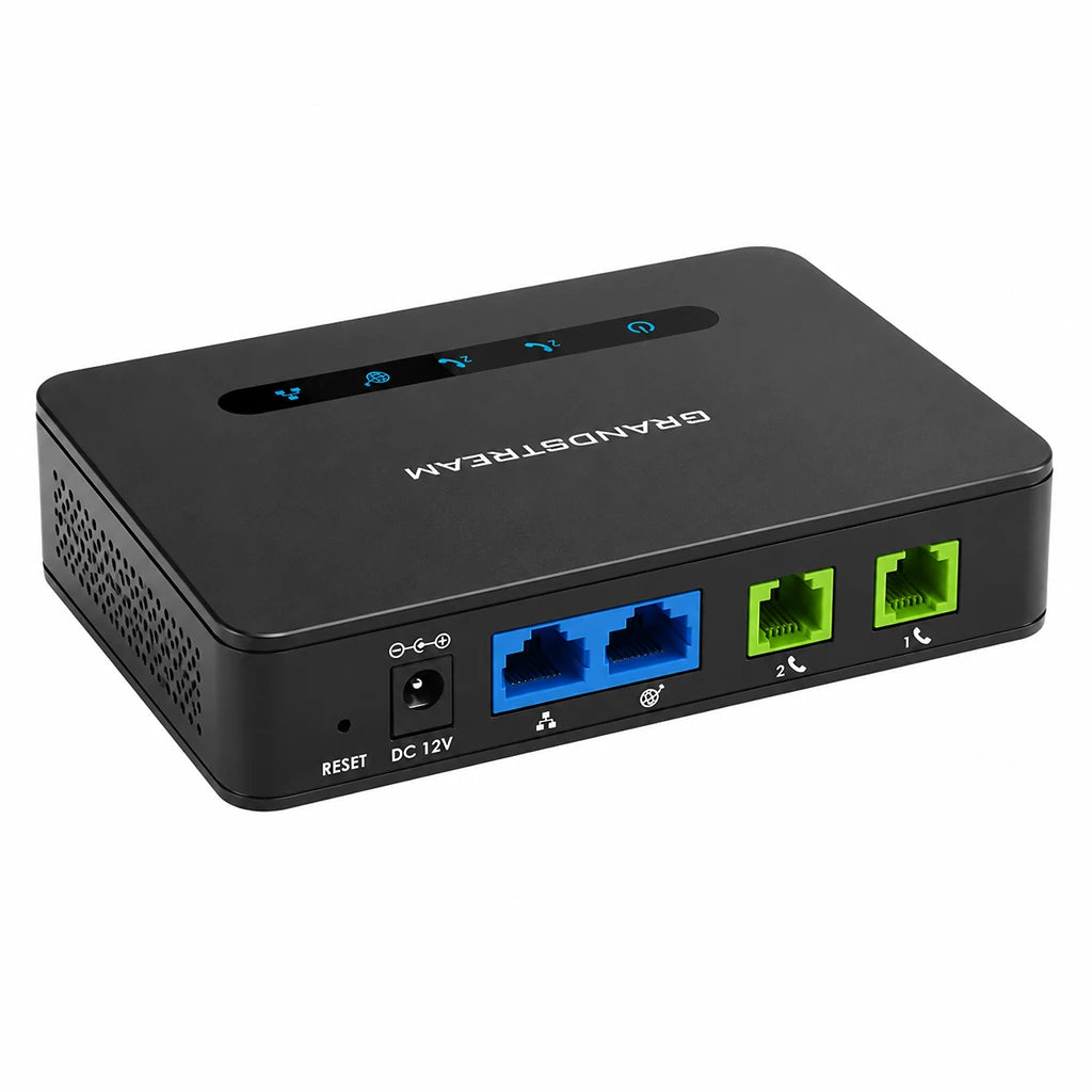 Grandstream HT812 V2 rear view showing dual Gigabit Ethernet ports, dual RJ11 FXS ports, DC power input and reset button -tpstech.in