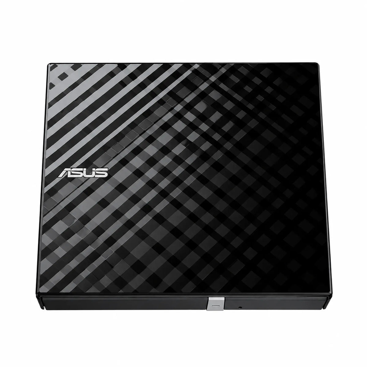 Repacked ASUS External DVD Writer USB 2.0 Slim Drive top view showing silver eject button and glossy lattice pattern -tpstech.in