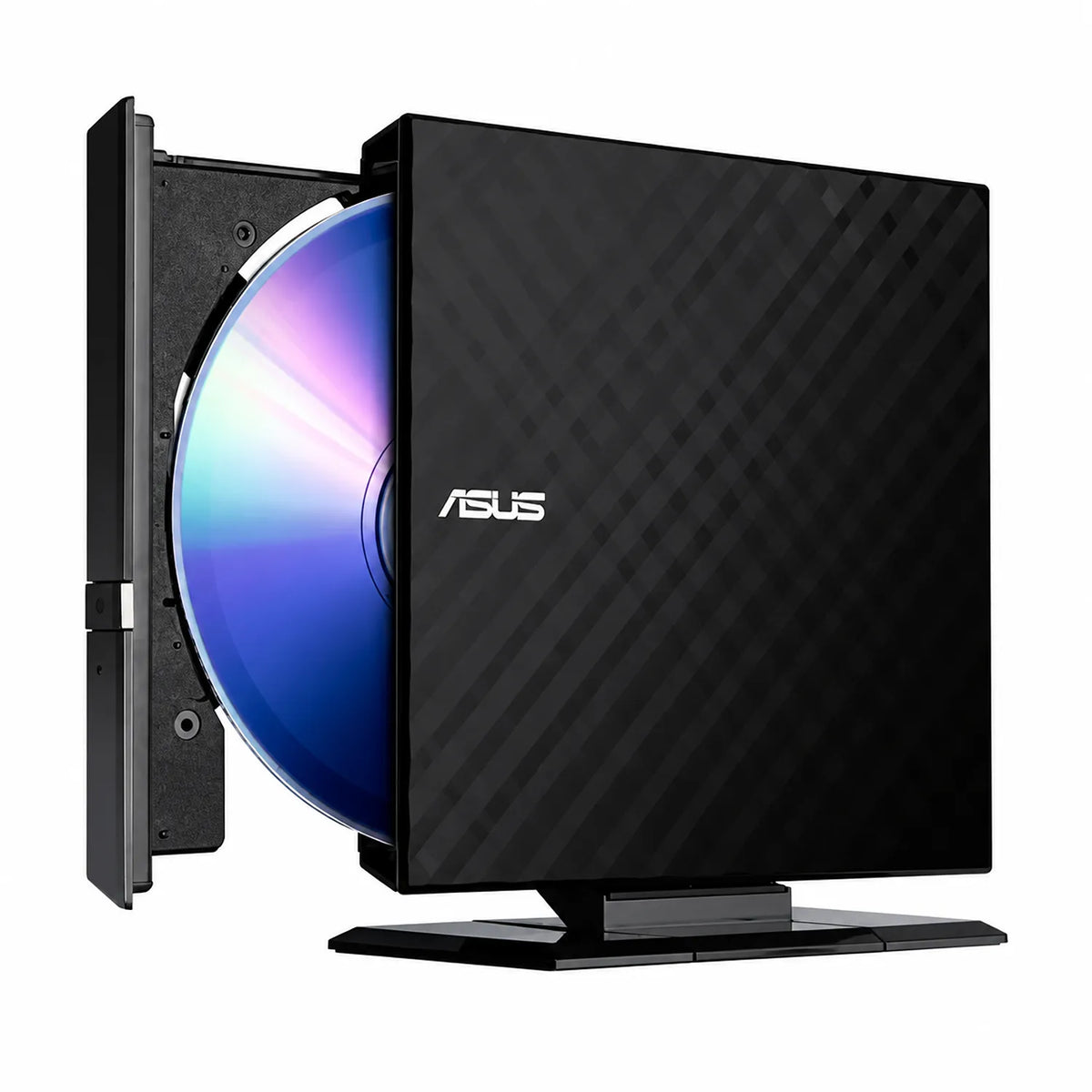 Repacked ASUS External DVD Writer USB 2.0 Slim Drive mounted on vertical stand with open disc tray -tpstech.in