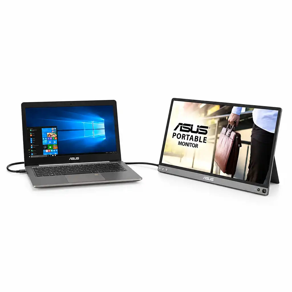 Repacked ASUS ZenScreen MB16ACE Portable USB Monitor dual screen setup connected to laptop via USB-C cable -tpstech.in