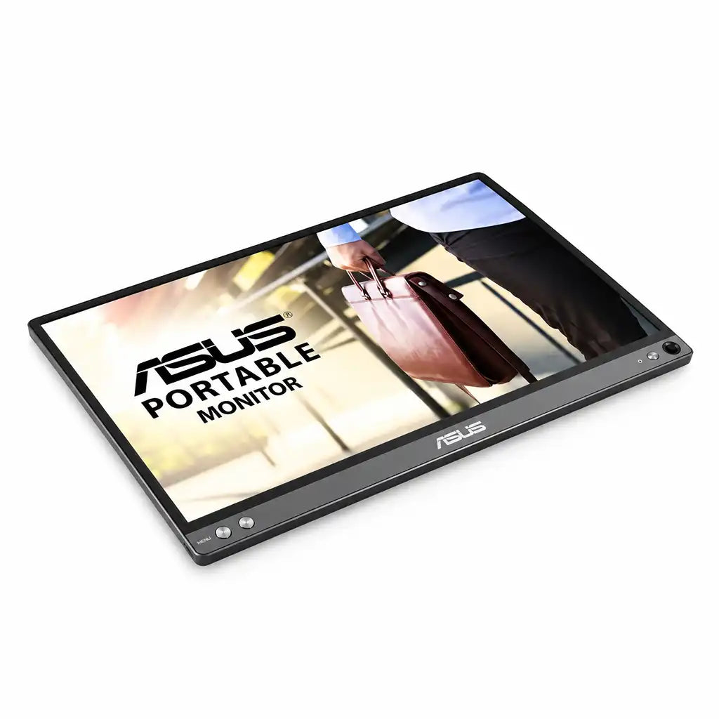 Repacked ASUS ZenScreen MB16ACE Portable USB Monitor laying flat at an angle showing thin profile and bottom control buttons -tpstech.in