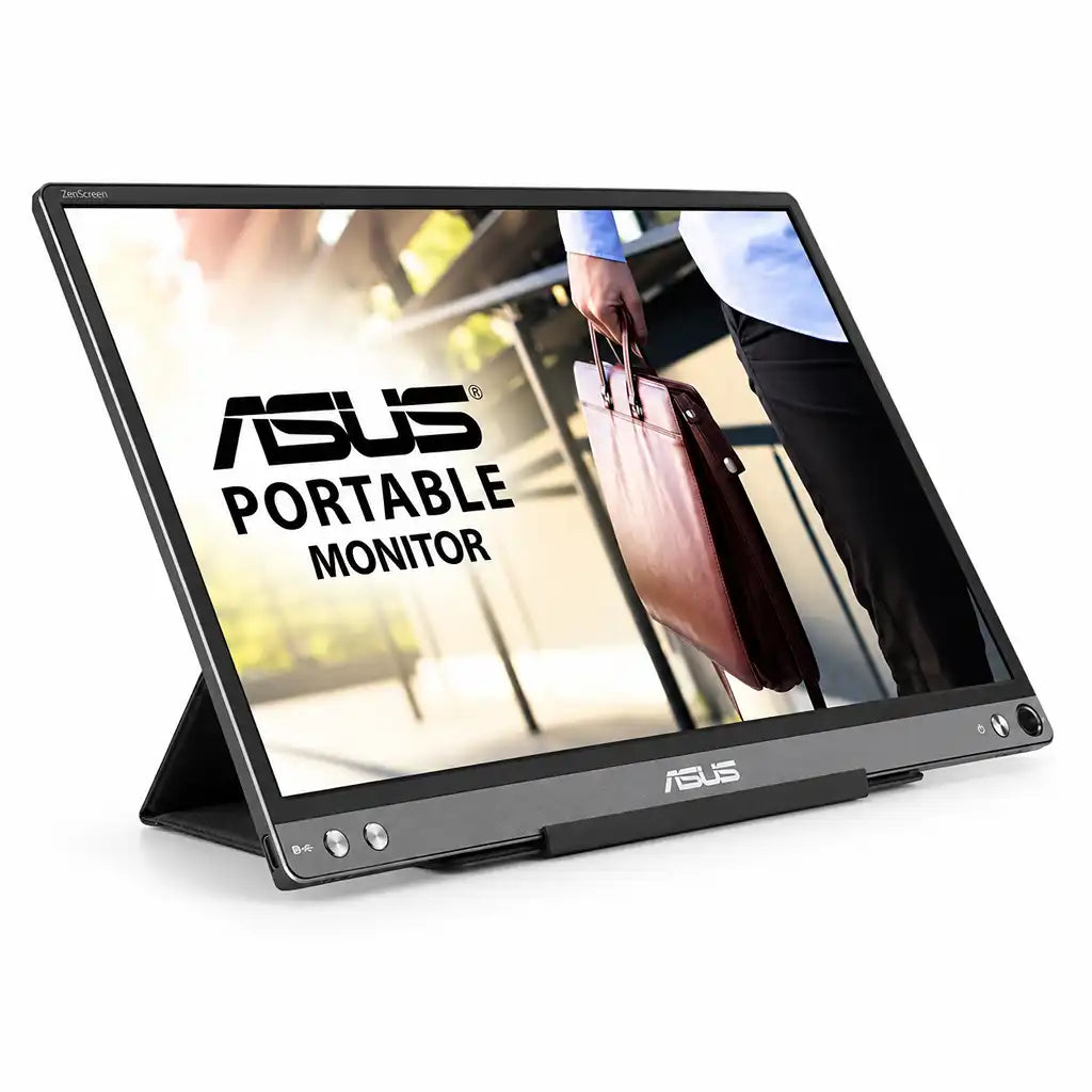 Repacked ASUS ZenScreen MB16ACE Portable USB Monitor angled view supported by foldable smart case stand -tpstech.in