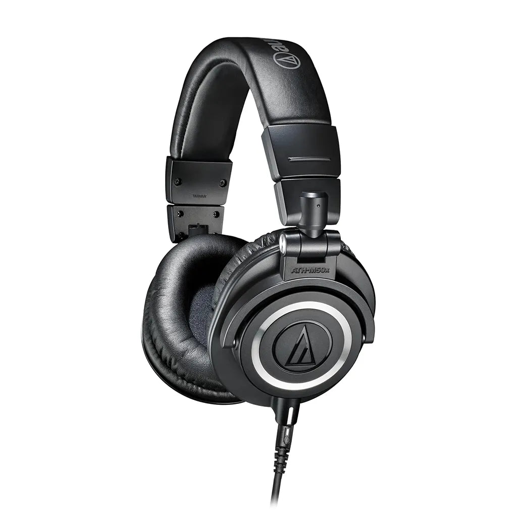 Repacked Audio-Technica ATH-M50x Professional Monitor Headphones Side Angle View with Connected Cable -tpstech.in