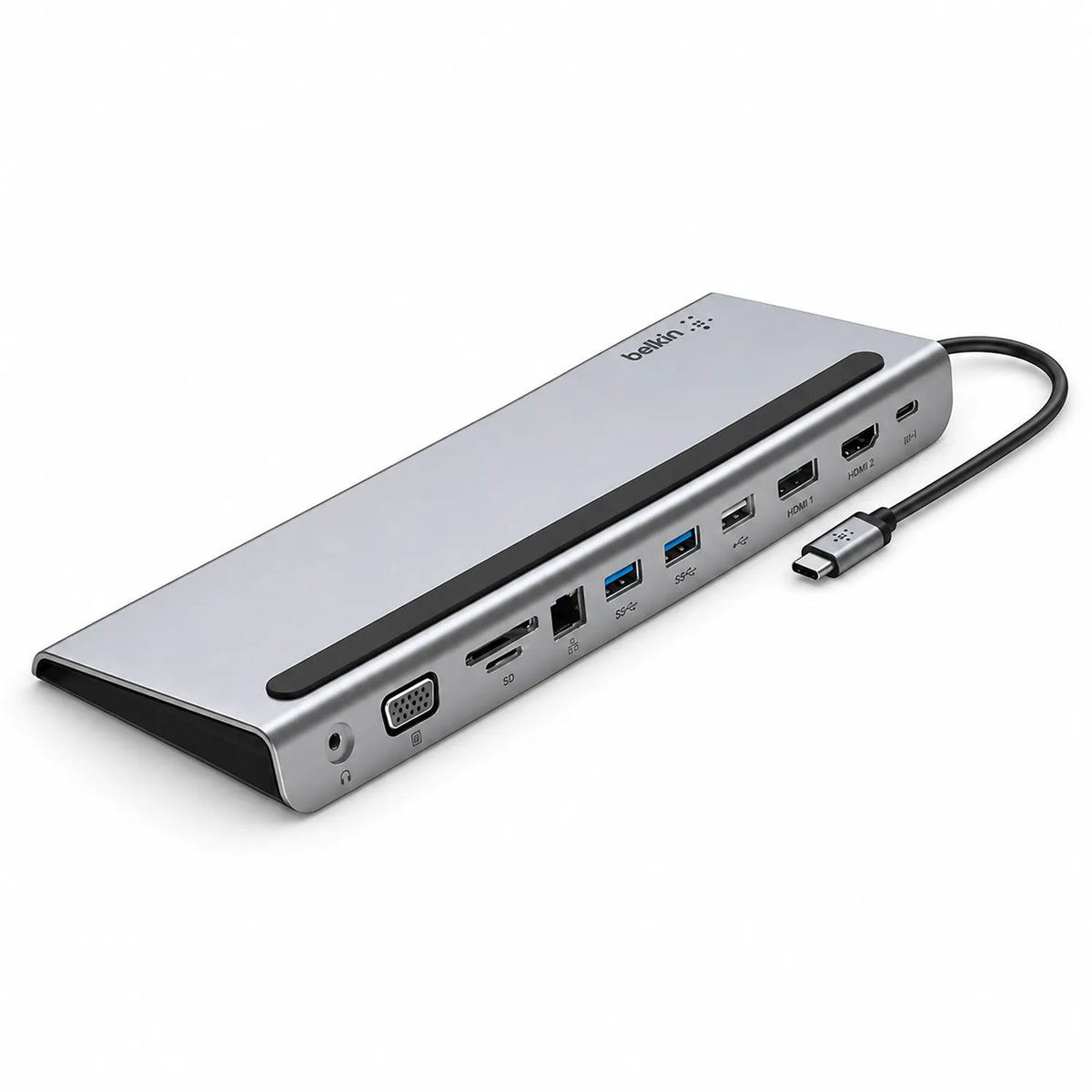 Isometric view of Repacked Belkin INC004 USB-C 11-in-1 Multiport Dock for Mac and PC showing ports and cable -tpstech.in