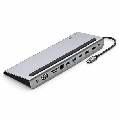 Isometric view of Repacked Belkin INC004 USB-C 11-in-1 Multiport Dock for Mac and PC showing ports and cable -tpstech.in