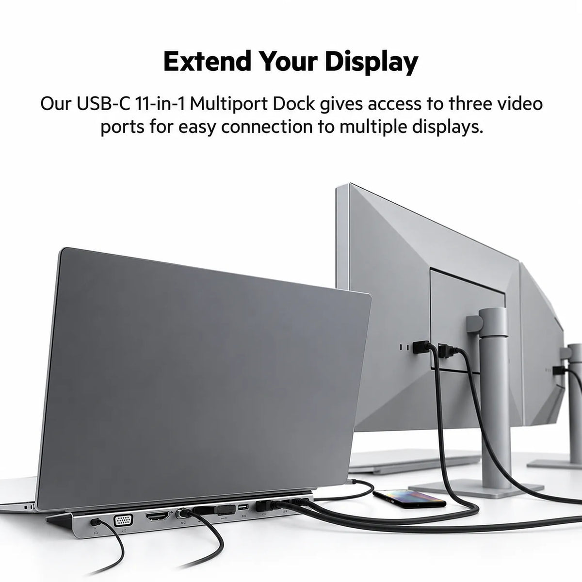 Repacked Belkin INC004 USB-C 11-in-1 Multiport Dock connected to dual external monitors and laptop -tpstech.in