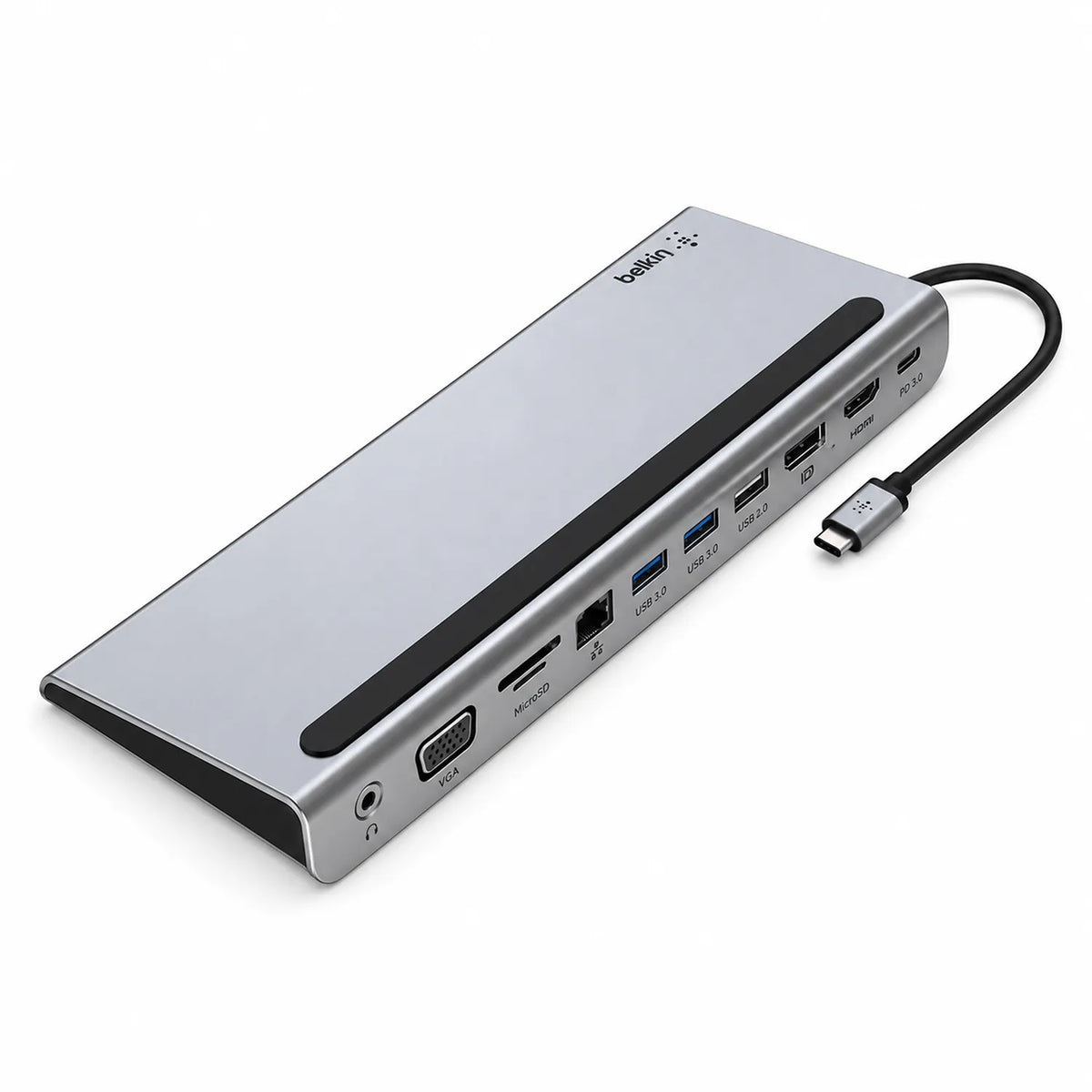 Angled perspective of Repacked Belkin INC004 USB-C 11-in-1 Multiport Dock with integrated host cable -tpstech.in