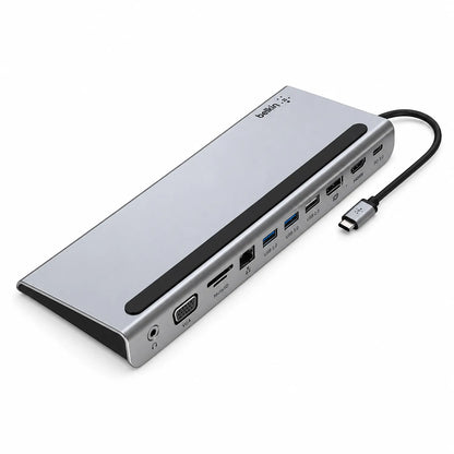 Angled perspective of Repacked Belkin INC004 USB-C 11-in-1 Multiport Dock with integrated host cable -tpstech.in