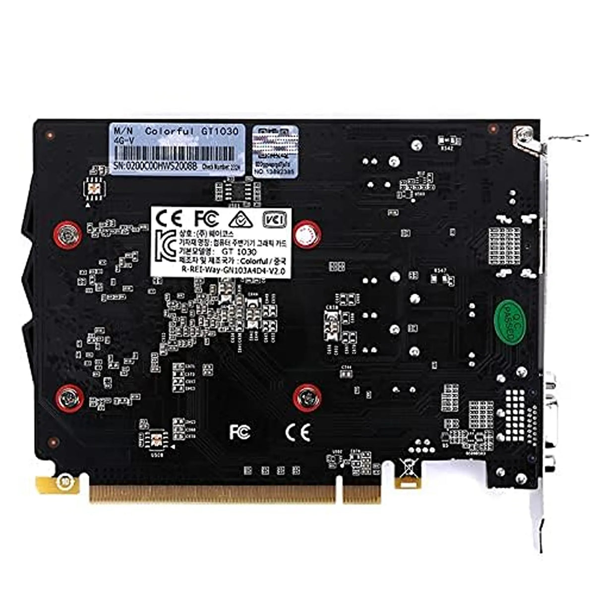 Repacked Colorful GeForce GT 1030 4GB GDDR4 graphics card rear PCB layout with model labels and certification markings -tpstech.in
