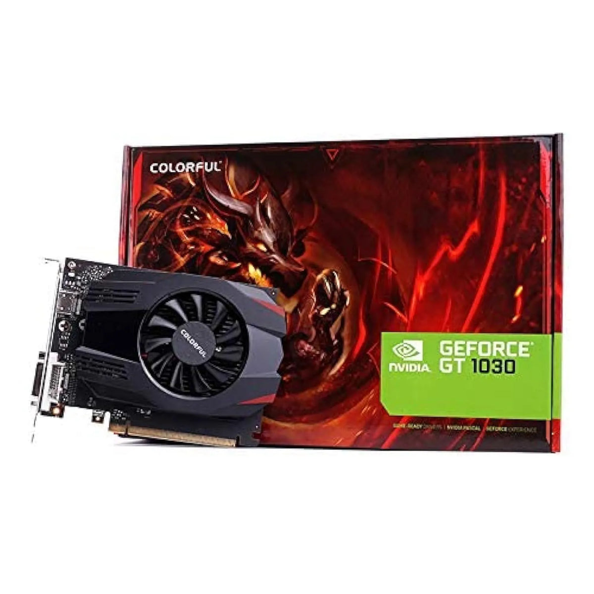 Repacked Colorful GeForce GT 1030 4GB GDDR4 graphics card displayed with original branded retail packaging box -tpstech.in