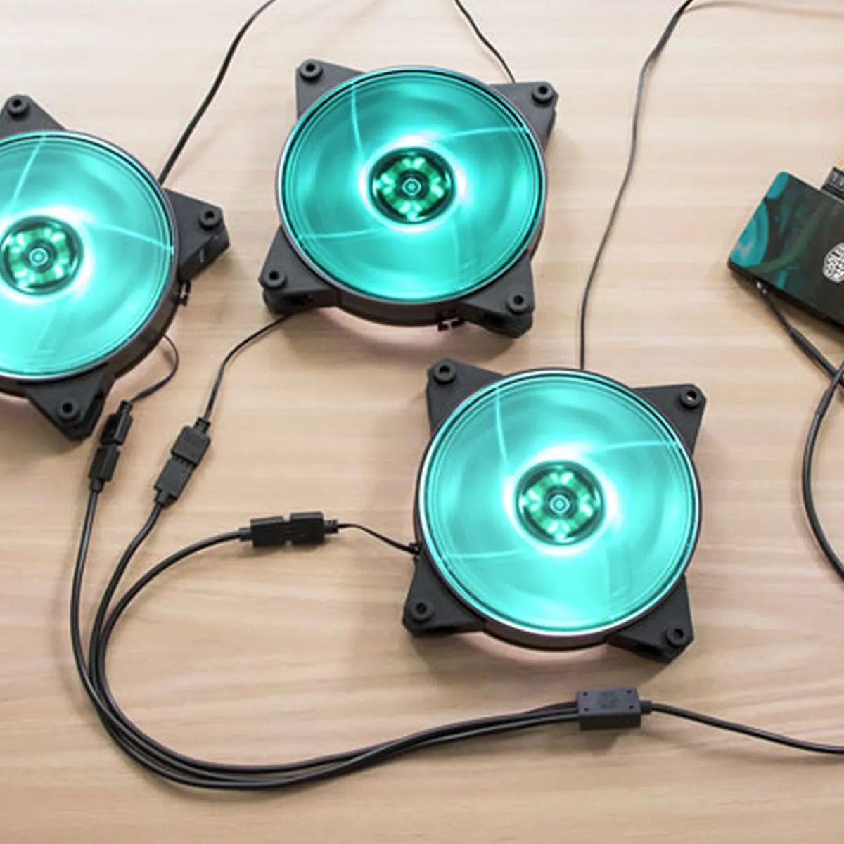 Repacked Cooler Master 1-to-3 RGB Splitter Cable R4-ACCY-RGBS-R2 connected to RGB case fans -tpstech.in