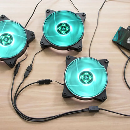 Repacked Cooler Master 1-to-3 RGB Splitter Cable R4-ACCY-RGBS-R2 connected to RGB case fans -tpstech.in