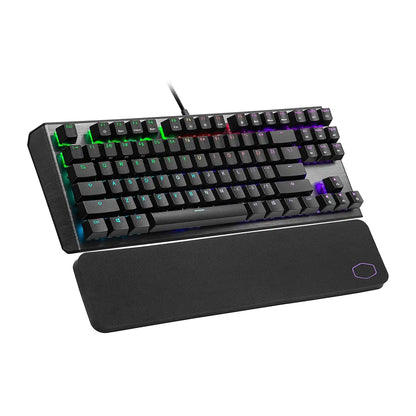 Repacked Cooler Master CK530 V2 Mechanical Gaming Keyboard angled perspective with brushed aluminium top plate and wrist rest -tpstech.in