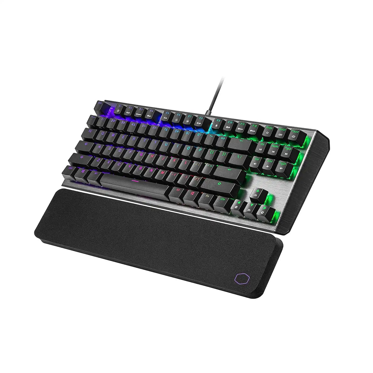 Repacked Cooler Master CK530 V2 Mechanical Gaming Keyboard with RGB lighting and cushioned wrist rest angled view -tpstech.in