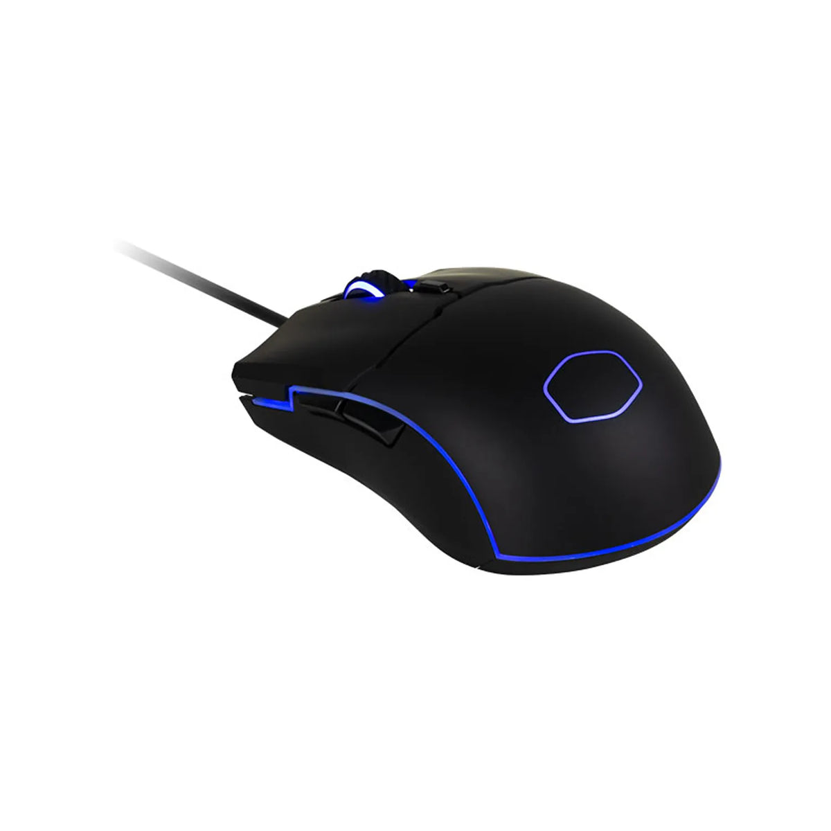 Repacked Cooler Master CM110 Gaming Mouse 6000 DPI RGB Wired USB left angled view displaying RGB logo side light strip and side thumb buttons -tpstech.in