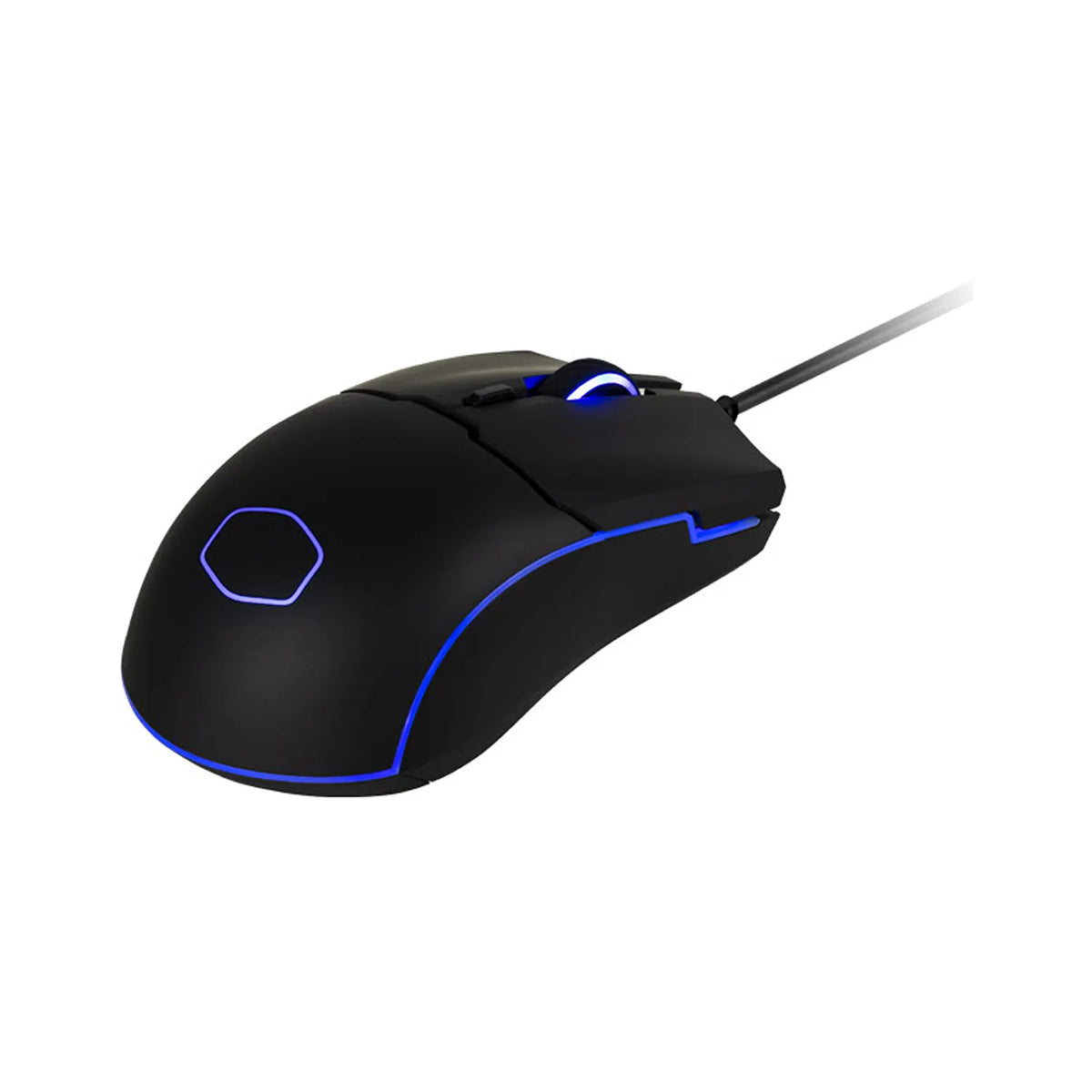 Repacked Cooler Master CM110 Gaming Mouse 6000 DPI RGB Wired USB right perspective view showing matte black body and illuminated scroll wheel -tpstech.in
