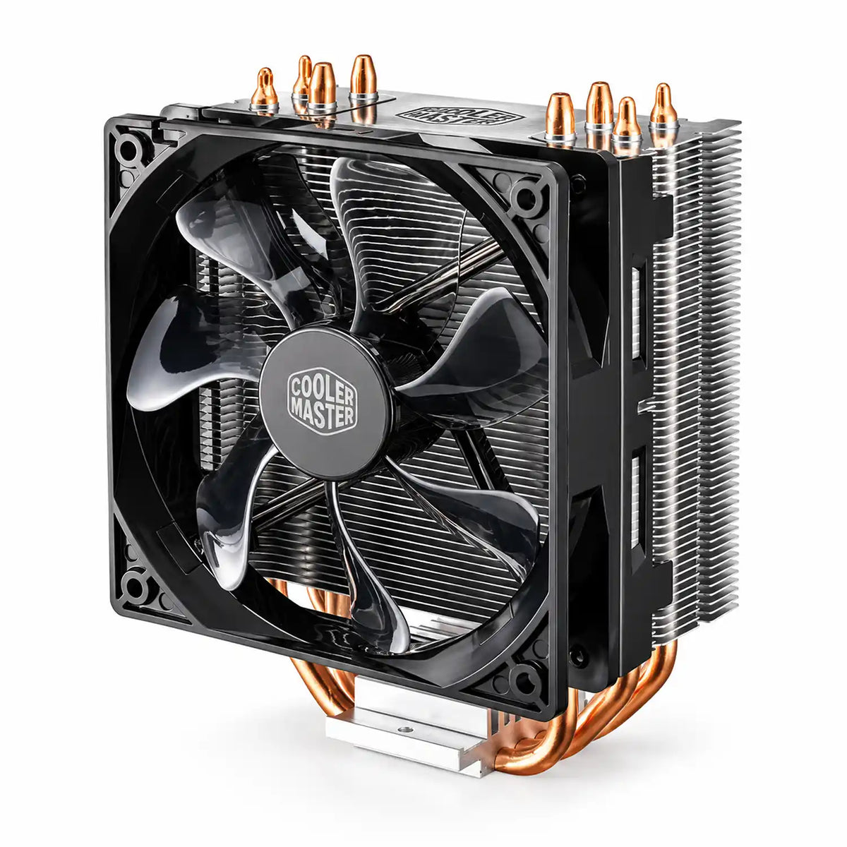 Repacked Cooler Master Hyper 212 LED CPU Air Cooler for Intel and AMD isometric view showcasing aluminum fin stack and black cooling fan -tpstech.in