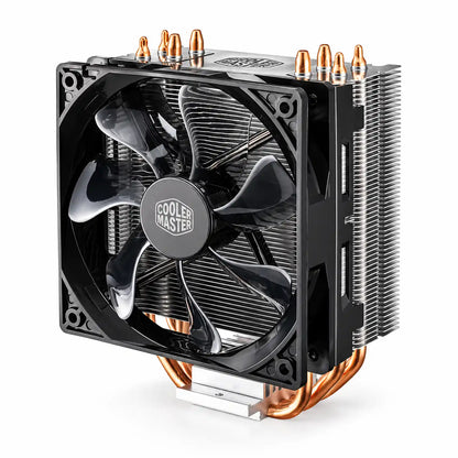 Repacked Cooler Master Hyper 212 LED CPU Air Cooler for Intel and AMD isometric view showcasing aluminum fin stack and black cooling fan -tpstech.in
