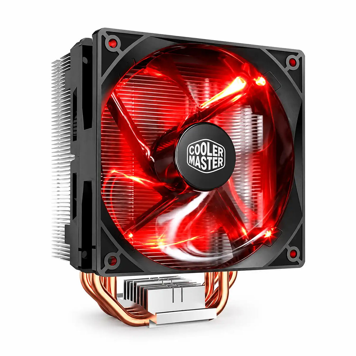 Repacked Cooler Master Hyper 212 LED CPU Air Cooler for Intel and AMD perspective angle showing glowing red translucent fan blades -tpstech.in
