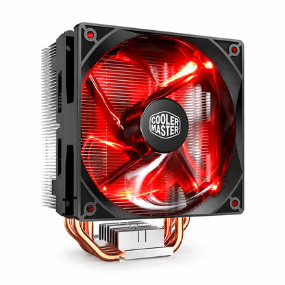 Repacked Cooler Master Hyper 212 LED CPU Air Cooler for Intel and AMD perspective angle showing glowing red translucent fan blades -tpstech.in