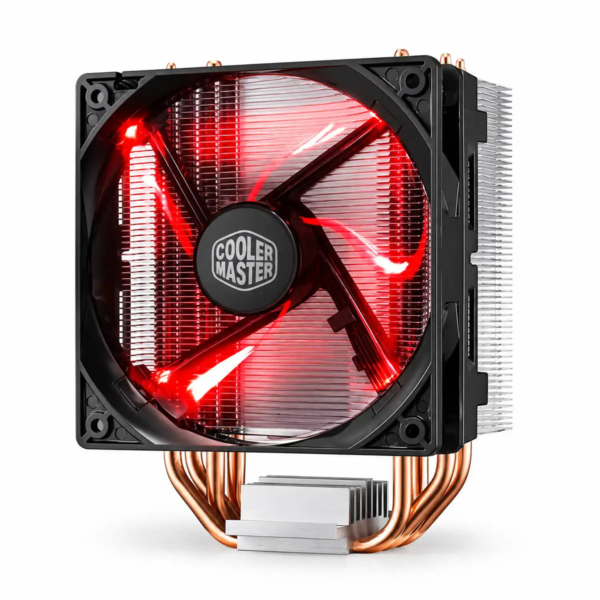 Repacked Cooler Master Hyper 212 LED CPU Air Cooler for Intel and AMD front view with illuminated red LED fan and copper heat pipes -tpstech.in
