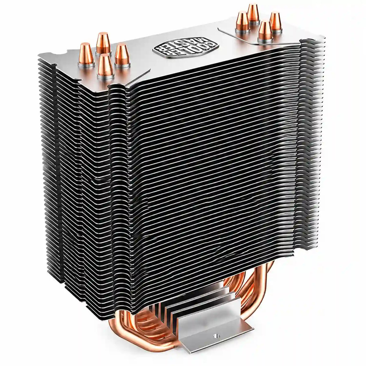 Repacked Cooler Master Hyper 212 LED CPU Air Cooler for Intel and AMD top-down view showing embossed Cooler Master logo and copper heatpipe tips -tpstech.in