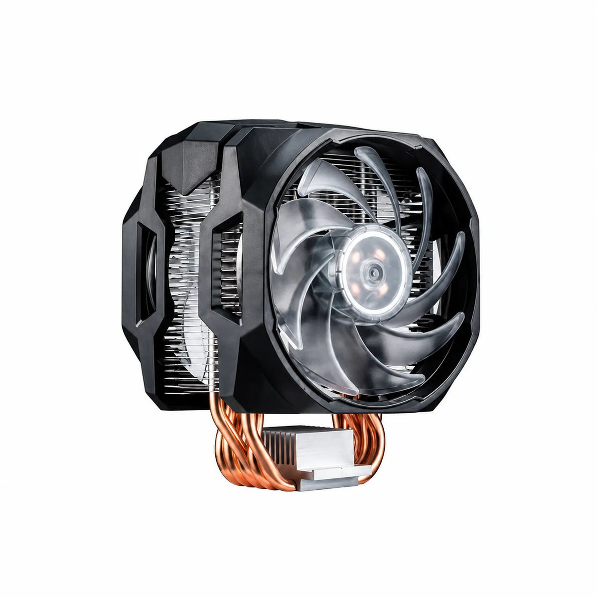 Repacked Cooler Master MasterAir MA610P RGB CPU Air Cooler for Intel and AMD angle view showing clear fan blades and six copper heat pipes -tpstech.in