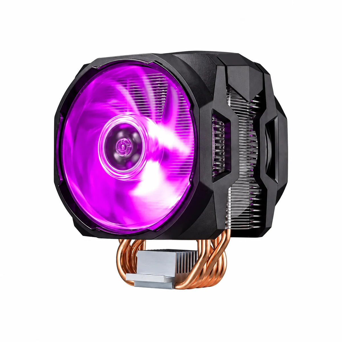 Repacked Cooler Master MasterAir MA610P RGB CPU Air Cooler for Intel and AMD perspective angle displaying dual fan shroud and heatsink fins -tpstech.in