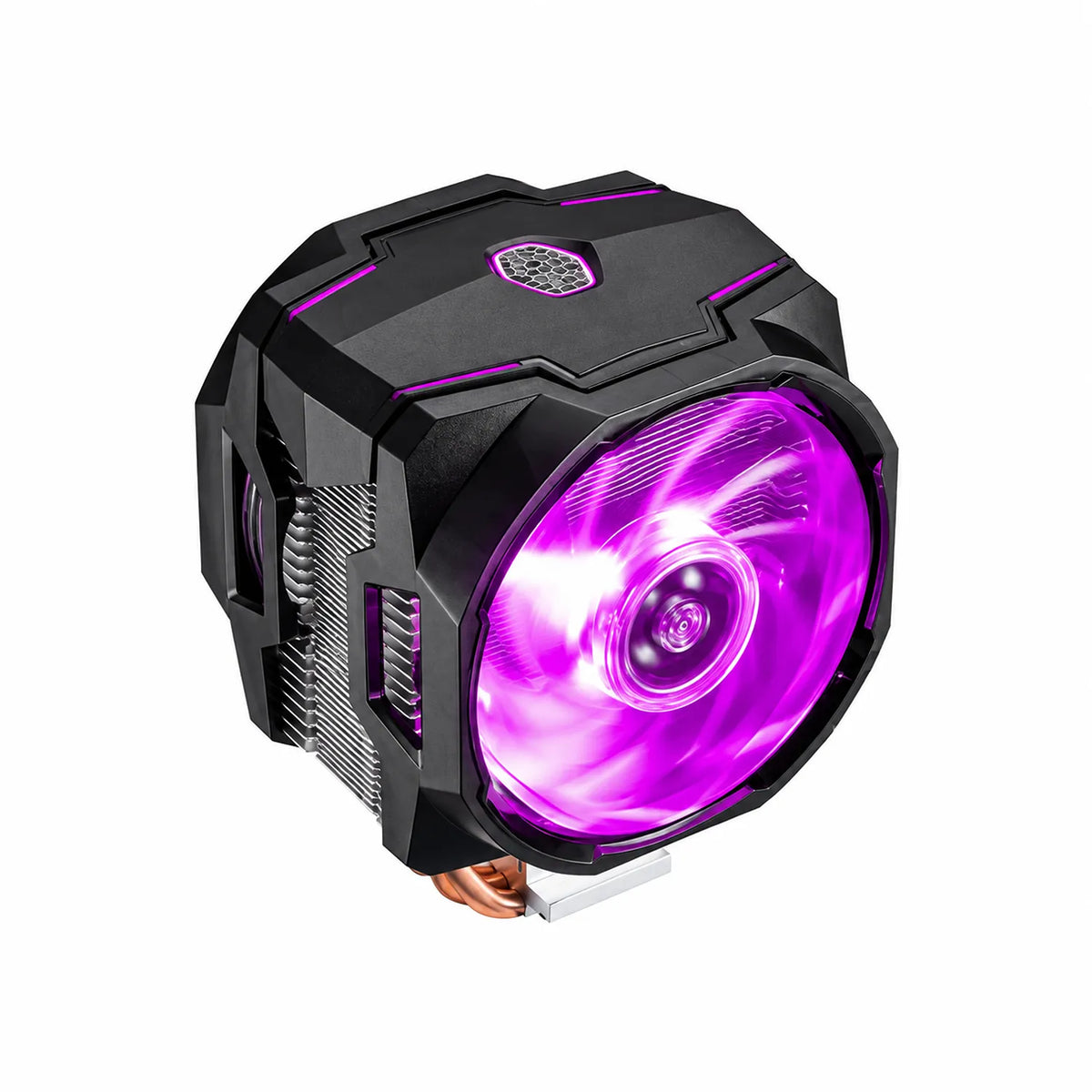 Repacked Cooler Master MasterAir MA610P RGB CPU Air Cooler for Intel and AMD top angle view with glowing purple RGB top cover and fan -tpstech.in
