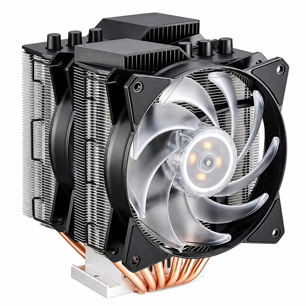 Repacked Cooler Master MasterAir MA621P TR4 RGB CPU Cooler isometric angle view showing translucent fan blades and dual tower structure -tpstech.in