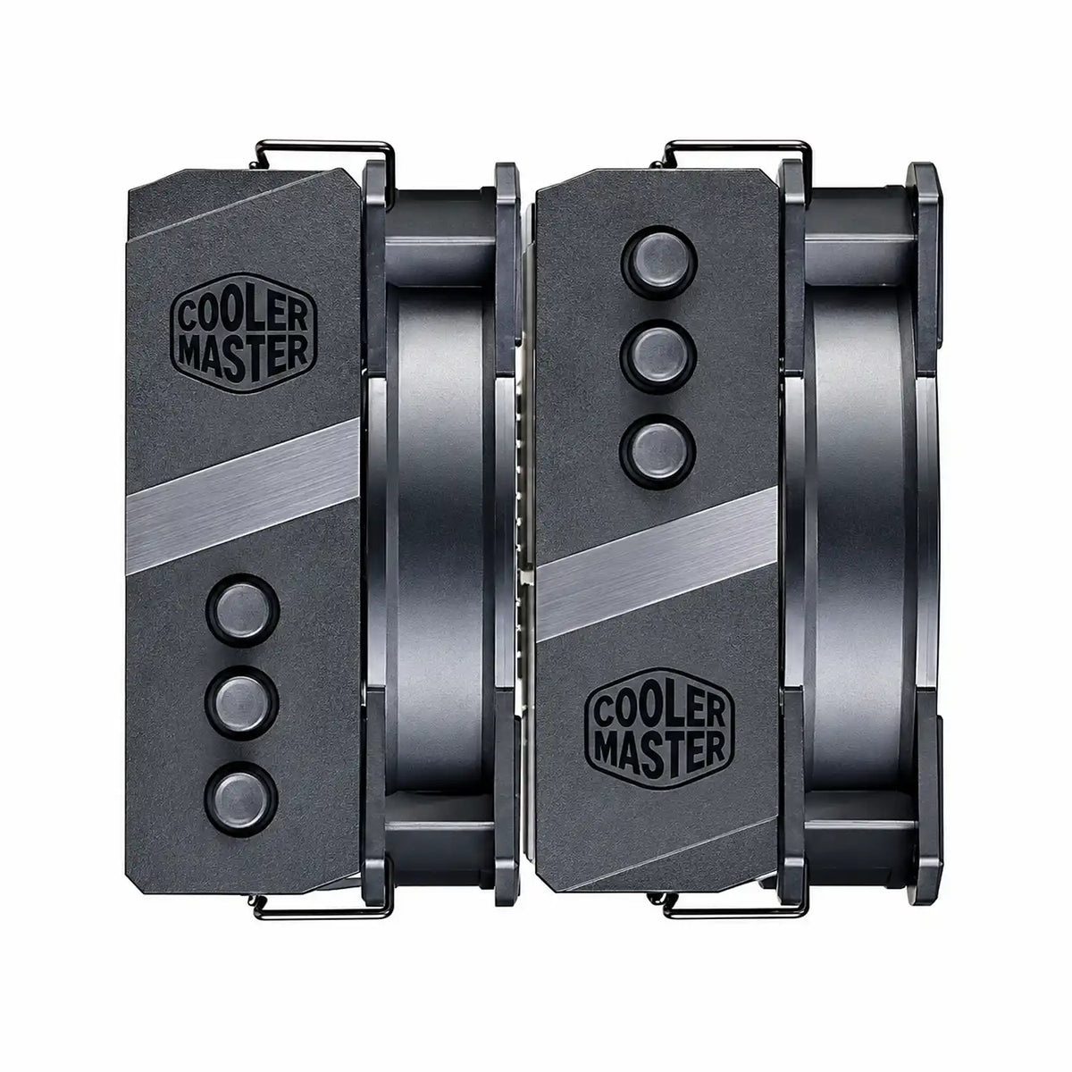 Repacked Cooler Master MasterAir MA621P TR4 RGB CPU Cooler top-down view showing dual tower aluminum heatsinks and Cooler Master logo covers -tpstech.in