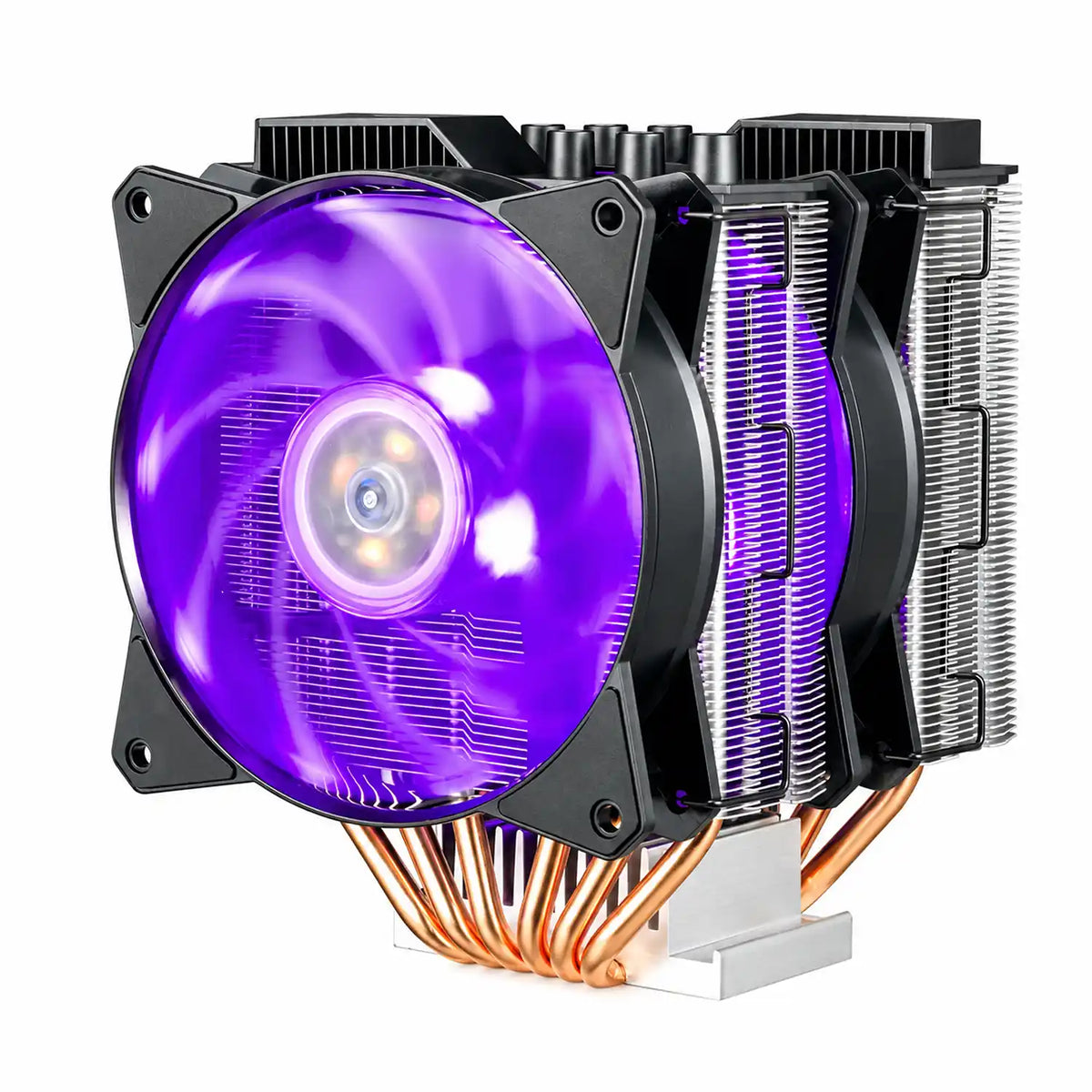 Repacked Cooler Master MasterAir MA621P TR4 RGB CPU Cooler perspective view featuring illuminated purple RGB fan and heatsink lighting -tpstech.in