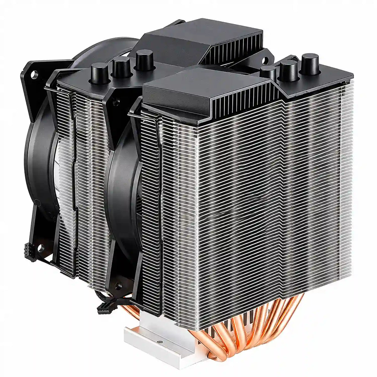 Repacked Cooler Master MasterAir MA621P TR4 RGB CPU Cooler perspective view showing dual cooling fin stacks and heatpipe array -tpstech.in