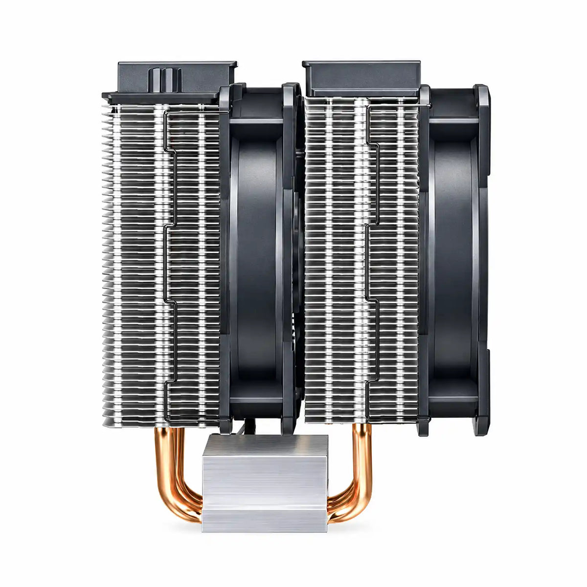 Repacked Cooler Master MasterAir MA621P TR4 RGB CPU Cooler side profile view showcasing push-pull dual fan setup and copper base block -tpstech.in