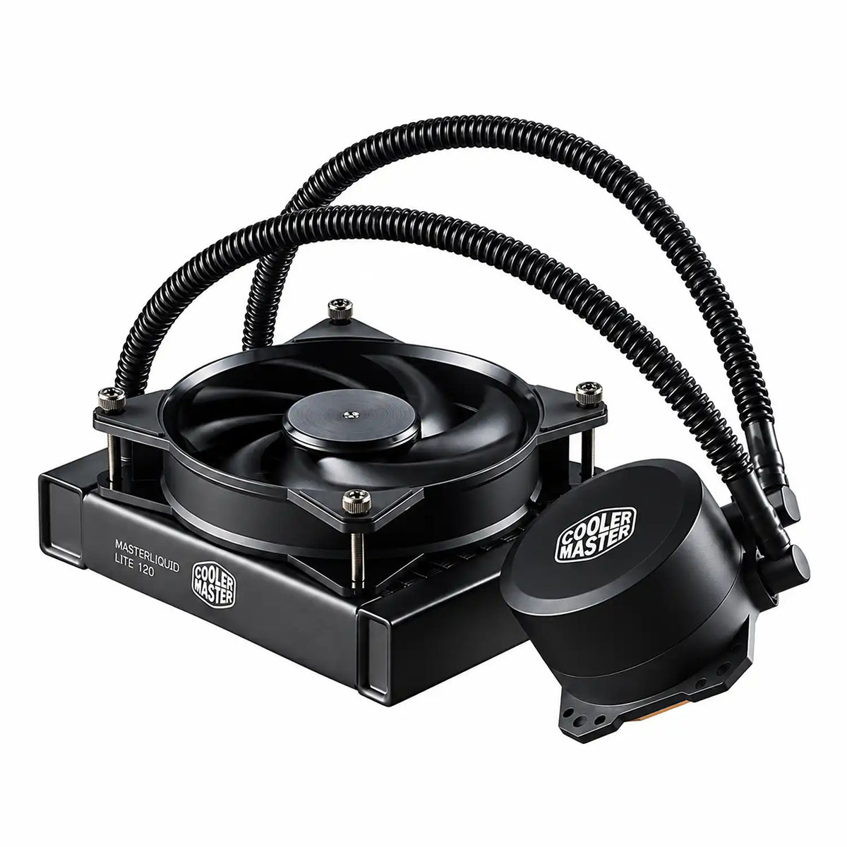 Angled top view showing radiator fan assembly and pump block of Repacked Cooler Master MasterLiquid Lite 120 120mm AIO CPU Liquid Cooler -tpstech.in