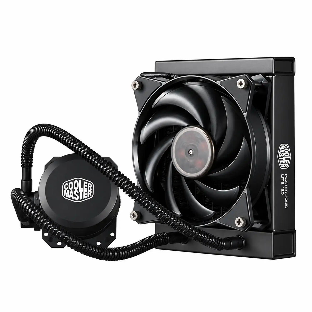 Side perspective of 120mm radiator fan and water pump block of Repacked Cooler Master MasterLiquid Lite 120 120mm AIO CPU Liquid Cooler -tpstech.in