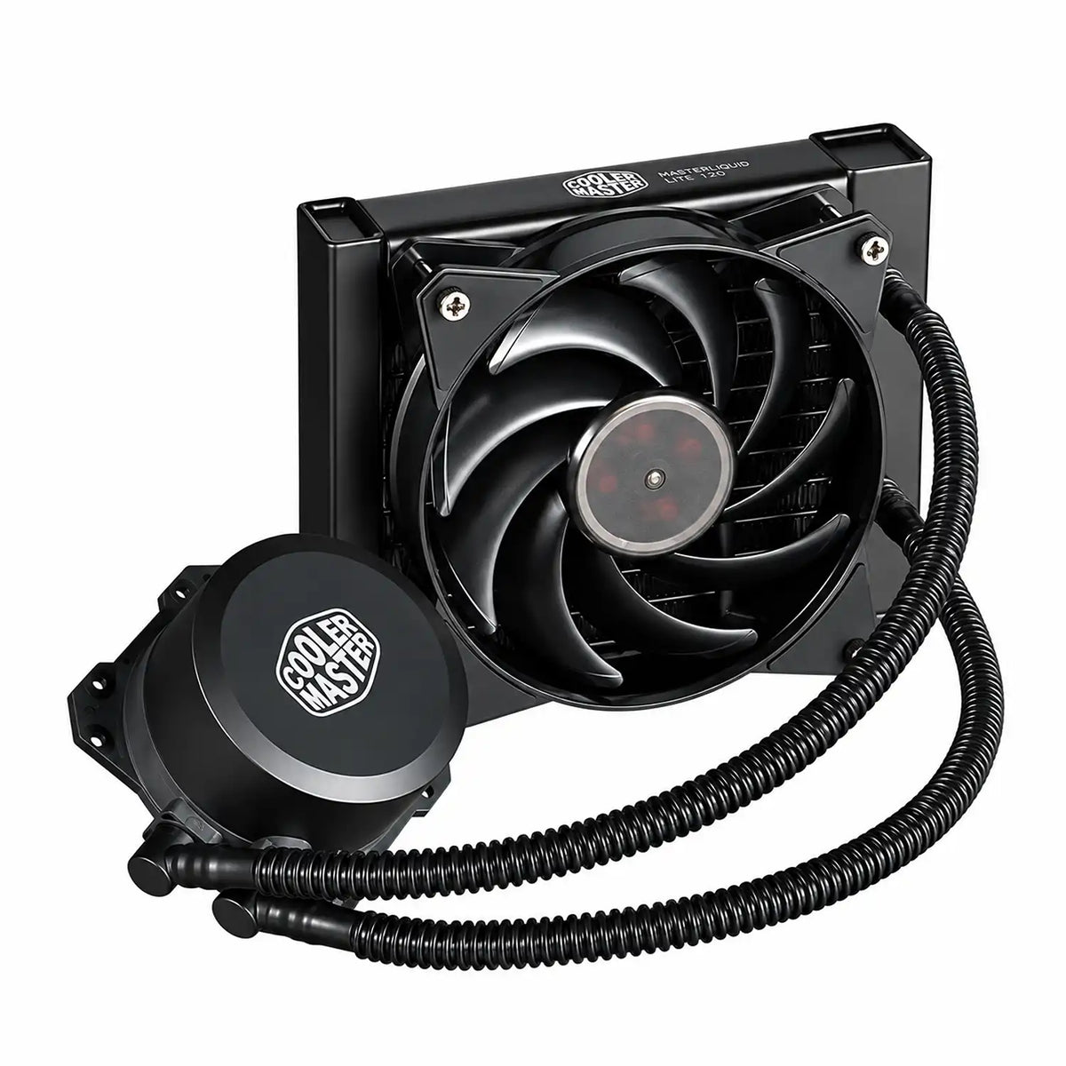 Front facing view of fan radiator unit with pump block of Repacked Cooler Master MasterLiquid Lite 120 120mm AIO CPU Liquid Cooler -tpstech.in